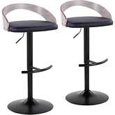 Grotto Adjustable Swivel Bar Stool in Black Metal, Light Grey Wood & Black Leatherette (Set of 2)